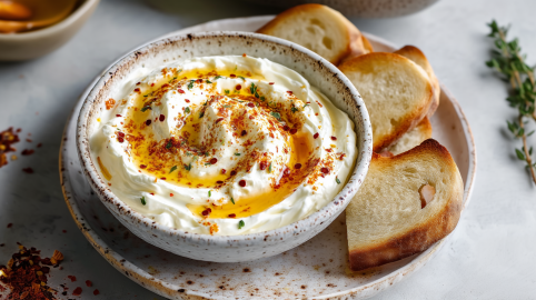 Eine Schale mit Feta-Creme mit pikantem Honig auf einem Teller. Neben der Schale liegen drei geschnittene Stücke Brot. Links neben dem Teller liegen einige Chiliflocken. Rechts im Bild liegt etwas frischer Thymian.