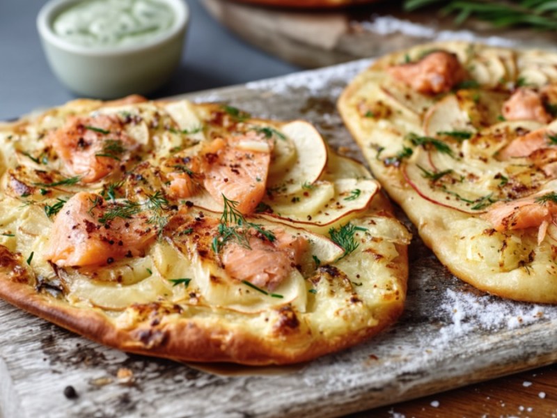 Zwei Flammkuchen mit Apfel und Lachs auf einem Brett.