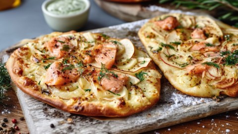 Zwei Flammkuchen mit Apfel und Lachs auf einem Brett.