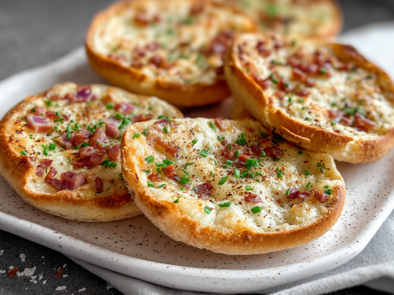 Vier Flammkuchen-Toasties liegen auf einem Teller. Sie sind mit Schinkenwürfeln, Käse und Frühlingszwiebeln zubereitet.