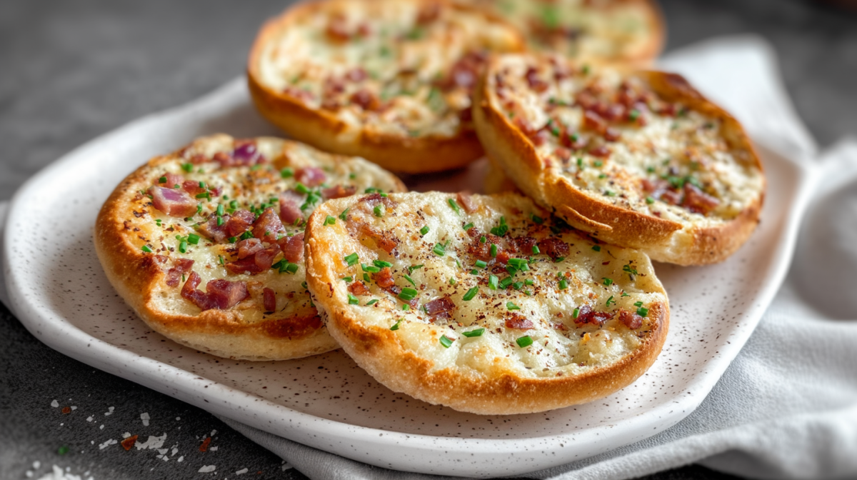 Vier Flammkuchen-Toasties liegen auf einem Teller. Sie sind mit Schinkenwürfeln, Käse und Frühlingszwiebeln zubereitet.