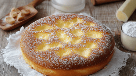 Tarte au Sucre: französischer Zuckerkuchen auf einem Stück Stoff.