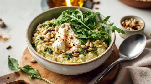 Eine Schale Frischkäse-Porridge steht auf einem runden Holzbrett. Es ist mit Rucola, Frischkäse und Pinienkernen zubereitet. rechts neben der Schale liegt ein Löffel halb auf einem Tuch. Darüber steht ein Schälchen mit Nüssen, in der Mitte im oberen Teil des Bildes sieht man eine Flasche Öl.