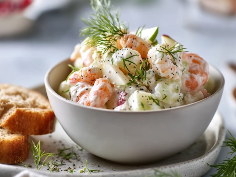 Eine Schüssel Garnelensalat mit Apfel und Dill.
