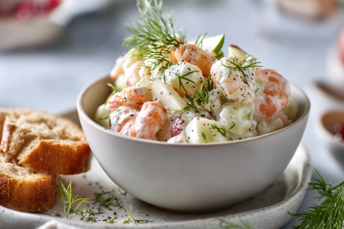Eine Schüssel Garnelensalat mit Apfel und Dill.