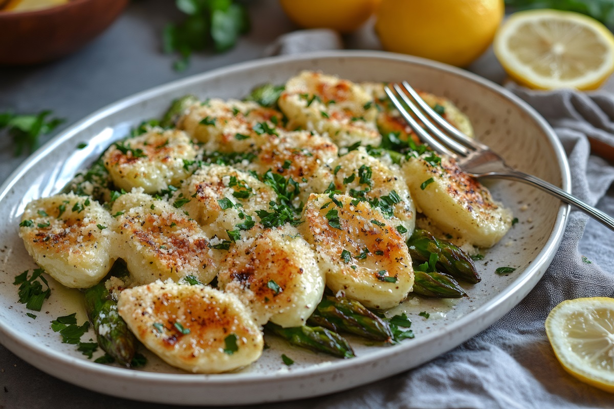 Teller mit gebratenen Gnocchi mit Parmesan und Spargel