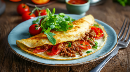Pfannkuchen mit Hackfleisch-Füllung mit Gemüse auf einem blauen Teller.