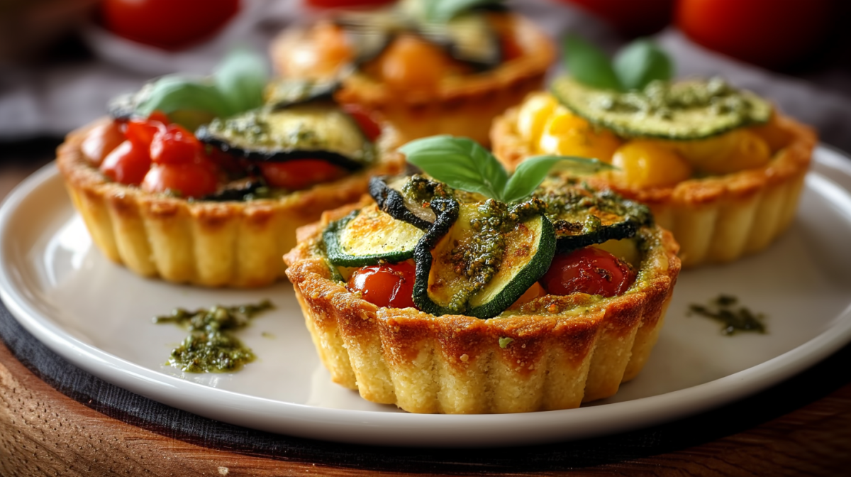 Vier Gemüse-Tartelettes stehen auf einem weißen Teller. Sie sind mit Zucchini, Pesto, Tomaten und Basilikum zubereitet. Im Hintergrund sieht man mehrere große Tomaten.