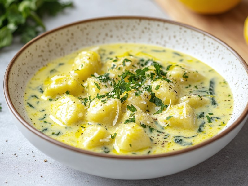 Teller mit Gnocchi in Zitronen-Spinat-Soße