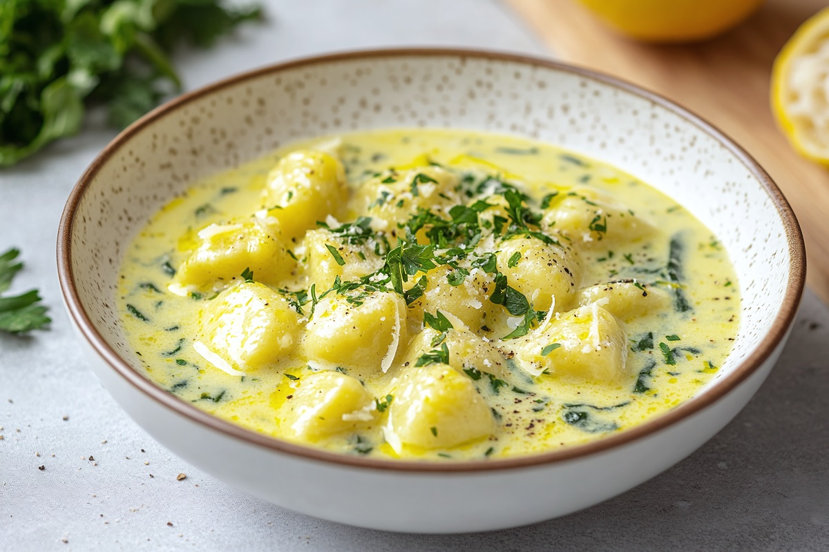 Teller mit Gnocchi in Zitronen-Spinat-Soße