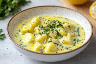 Teller mit Gnocchi in Zitronen-Spinat-Soße