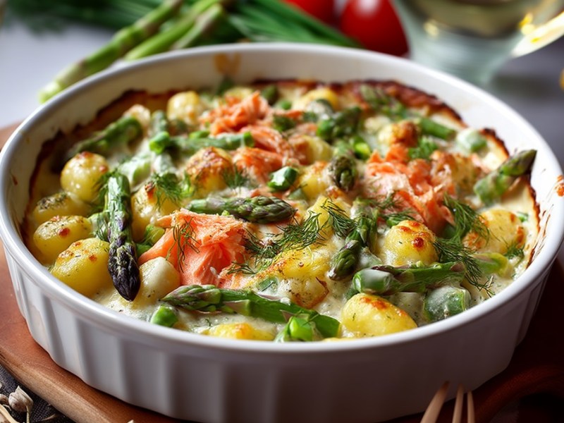 Auflaufform mit Gnocchi-Spargel-Auflauf mit Lachs auf einem Tisch, Zutaten darum