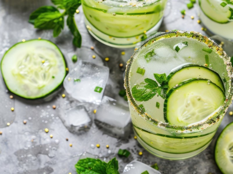 Green Margarita in Gläsern in der Draufsicht.