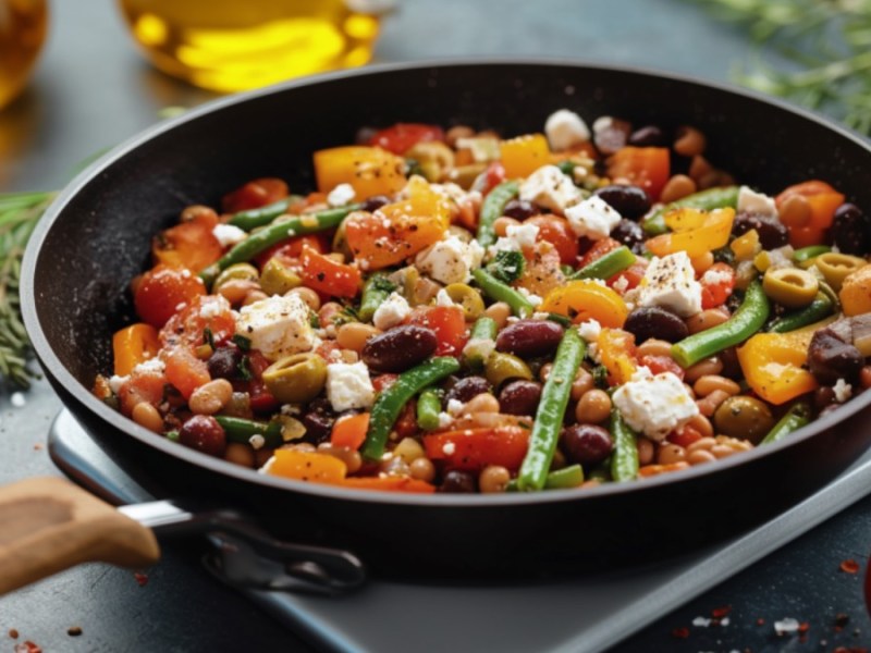 Eine griechische Bauernpfanne mit Gemüse und Feta.