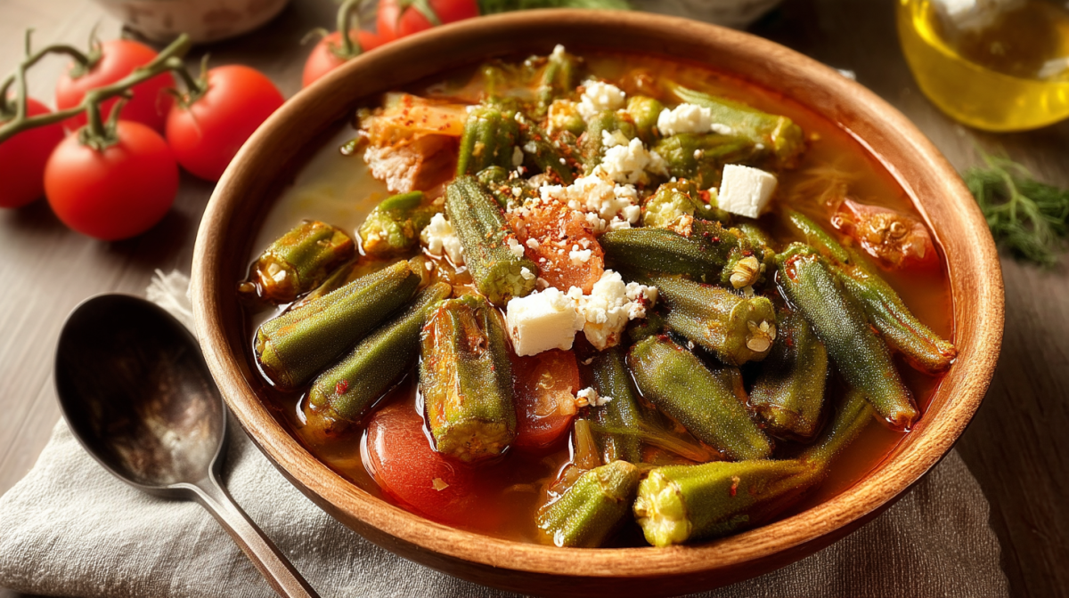 Eine Tonschüssel Bamies Laderes: griechischer Okra-Eintopf.