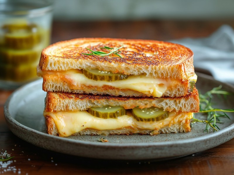 Teller mit zwei Grilled Cheese Sandwich mit eingelegten Gurken