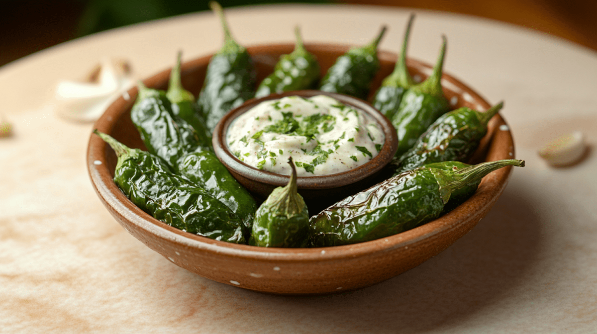 Eine Schale mit Pimientos de Padrón auf einem schlichten Tisch. In der Mitte der Schale steht ein Schälchen mit Knoblauchdip. Um die Schale verteilt liegen ein paar Knoblauchzehen.