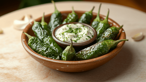 Eine Schale mit Pimientos de Padrón auf einem schlichten Tisch. In der Mitte der Schale steht ein Schälchen mit Knoblauchdip. Um die Schale verteilt liegen ein paar Knoblauchzehen.