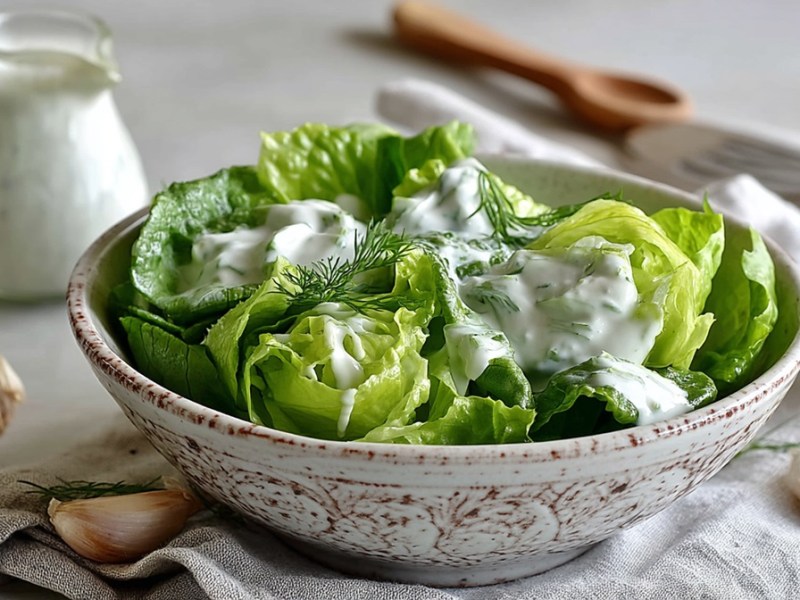 Schale mit grünem Salat mit Buttermilch-Kefir-Dressing