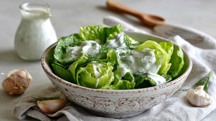 Schale mit grünem Salat mit Buttermilch-Kefir-Dressing