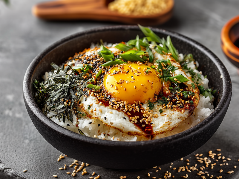 Eine Schüssel Gyeran Bap, einem koreanischen Reis mit gebratenem Spiegelei. Alles ist mit geschnittenen Frühlingszwiebeln, Sesam, Sojasoße und Nori garniert. Um die Schüssel liegen ein paar Sesamkörner verstreut. Außerdem ist ein Holzlöffel mit Sesam im Hintergrund zu sehen, genauso wie eine Schale mit Sojasoße.