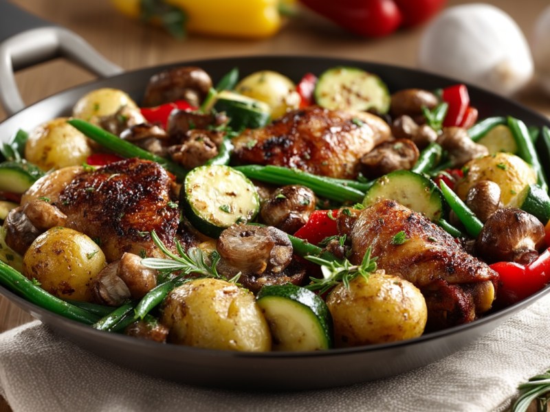 Hähnchenschenkel mit Gemüsepfanne, drumherum Zutaten. Nahaufnahme.