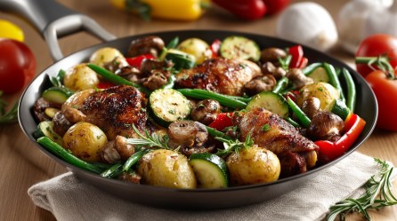 Hähnchenschenkel mit Gemüsepfanne, drumherum Zutaten. Nahaufnahme.