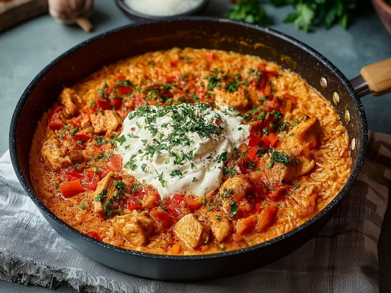 Hähnchen-Paprika-Pfanne mit Reis