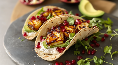 Zwei Halloumi-Tacos liegen auf einer grauen Platte. Daneben liegen einige Granatapfelkerne und frische Kräuter. Im Hintergrund liegt eine aufgeschnittene Avocado und ein aufgeschnittener Granatapfel.
