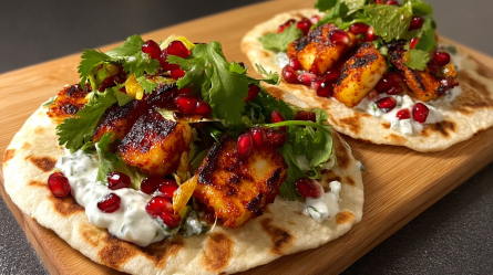 Zwei Halloumi-Tacos mit Hot Honey, die auf einem Holzbrett liegen.