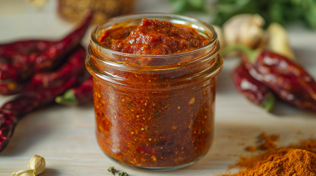 Harissa selbst machen: ein Glas selbstgemachtes Harissa neben den Zutaten.