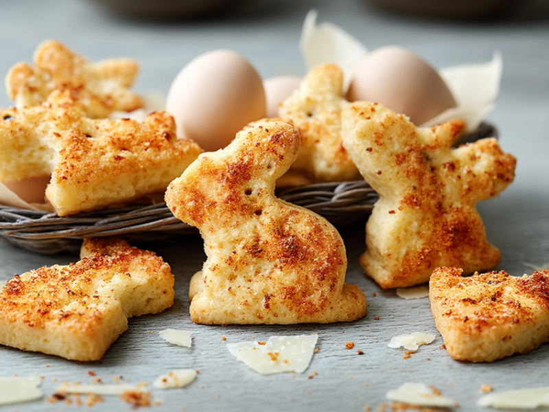 Ein paar herzhafte Hasenkekse, die auf einer hellen Arbeitsfläche liegen. Einige liegen in einem geflochtenen Korb mit ein paar Eiern. Außerdem liegen ein paar Parmesan-Flakes, Paprikapulver und ein Zweig frischer Rosmarin herum.
