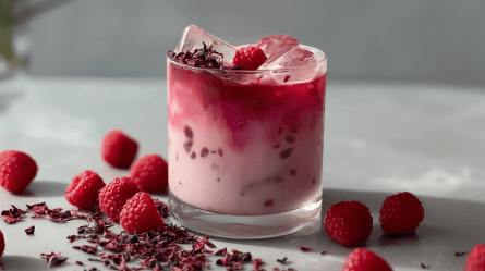 Ein Glas mit Himbeer Hibskus Iced Latte. Ringsum liegen einige einzelne Himbeeren und getrocknete Hibiskusblüten herum.