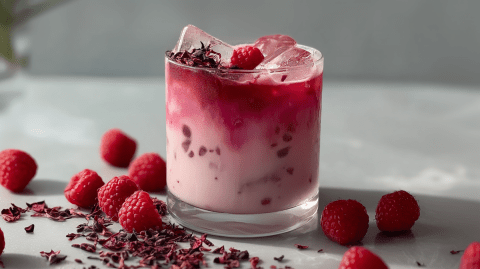 Ein Glas mit Himbeer Hibskus Iced Latte. Ringsum liegen einige einzelne Himbeeren und getrocknete Hibiskusblüten herum.