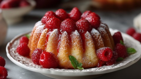 Ein Vanille-Himbeer-Gugelhupf mit frischen Himbeeren und Puderzucker.