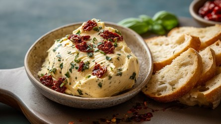 Schale mit Italienische Tomaten-Basilikum-Butter und helle Brotscheiben daneben