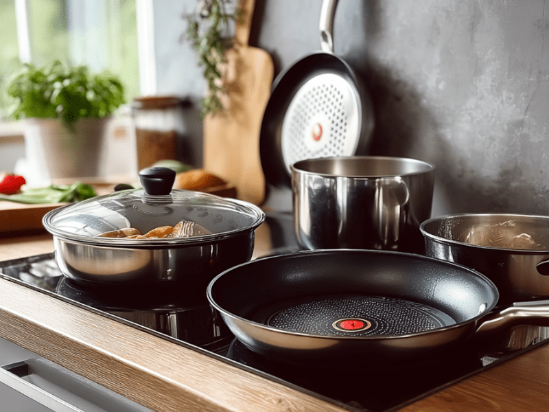 Ein Ausschnitt einer modernen Küche. Auf dem Herd steht verschiedenes Kochgeschirr. Unter anderem eine Tefal-Pfanne aus Edelstahl. Außerdem sind im Hintergrund Zutaten, Schneidebretter, Kräutertöpfe und weiteres Küchenumfeld zu sehen.