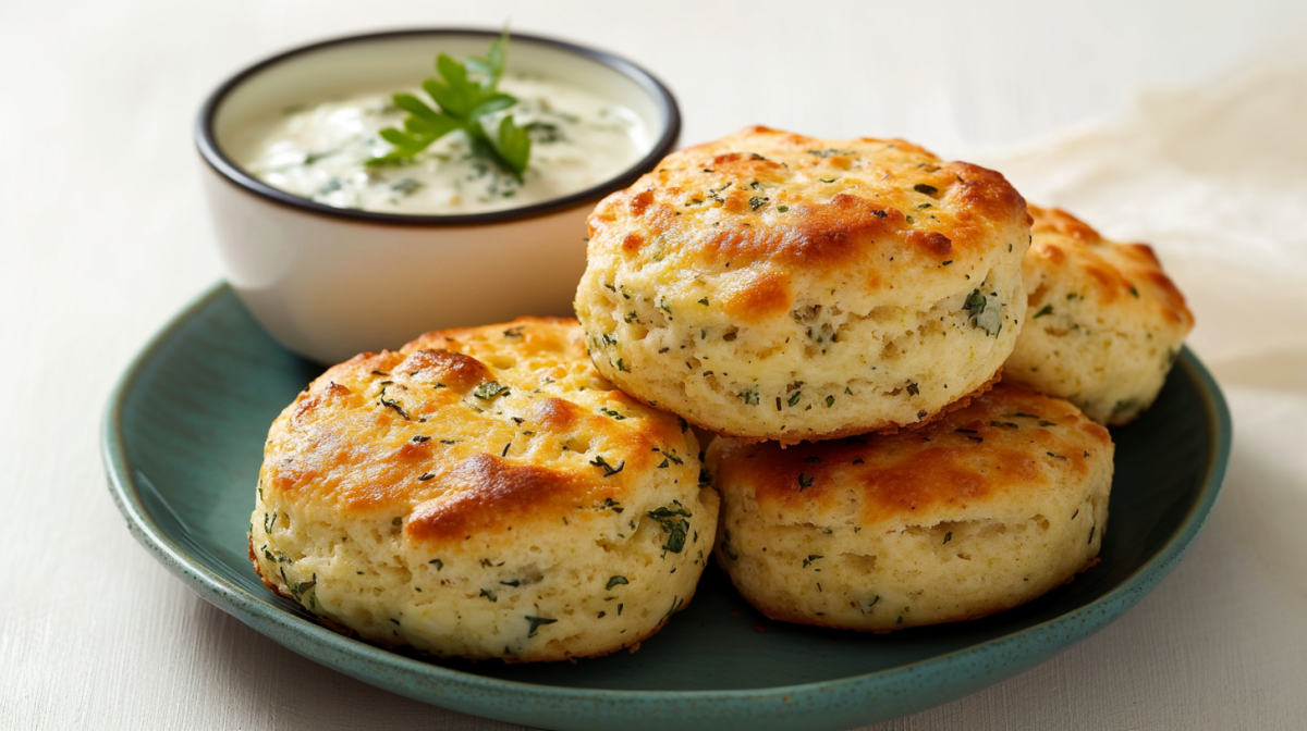 Vier Käse-Kräuter-Scones liegen auf einem blaugrauen Teller. Dahinter steht eine Schale mit passendem Dip.