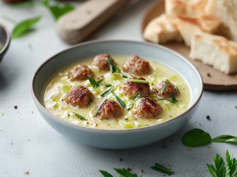 Käse-Lauch-Suppe mit Hackbällchen in einer Schüssel.