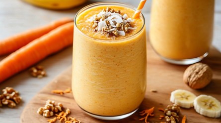 Zwei Gläser Karotten-Kokos-Smoothie auf einem Tisch