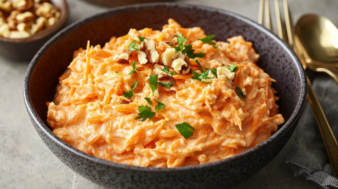 Karottensalat mit Sahne in einer dunklen Schüssel.