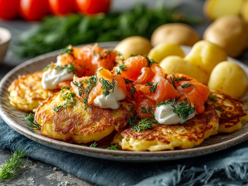 Ein Teller Kartoffelpuffer mit Lachs und Quark sowie einigen Kartoffeln. Im Hintergrund unscharf einige Zutaten.