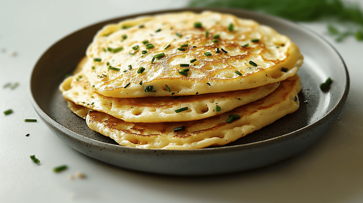 Drei Käse-Schnittlauch-Pfannkuchen liegen auf einem Teller. Um sie herum verteilt liegt noch etwas Schnittlauch.
