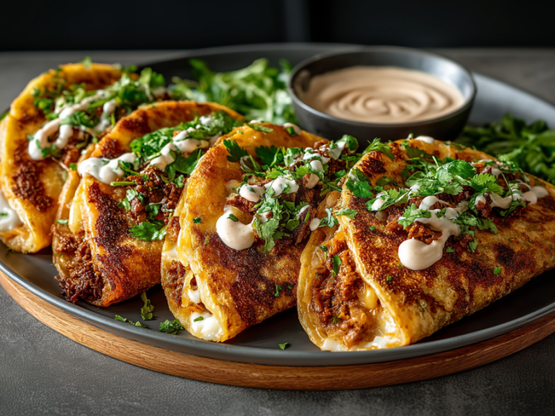 Ein Tablett mit einigen knusprigen Bohnen-Käse-Tacos, die mit etwas Chipotle-Mayo und frischen gehacktem Koriander garniert sind. Außerdem ist eine Schale auf dem Tablett zu sehen mit etwas mehr Chipotle-Mayo.