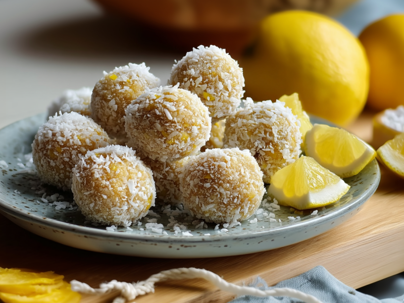 Mehrere Kokos-Zitronen-Energyballs liegen auf einem Teller. Im Hintergrund sieht man weitere Zitronen liegen.