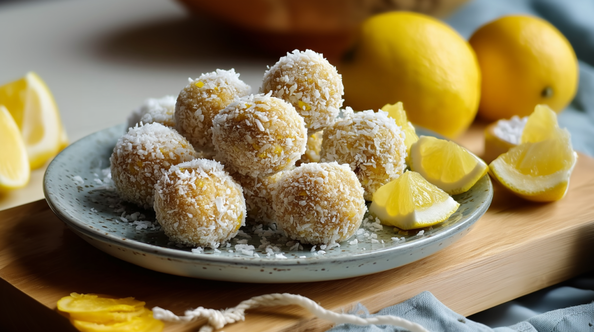 Mehrere Kokos-Zitronen-Energyballs liegen auf einem Teller. Im Hintergrund sieht man weitere Zitronen liegen.