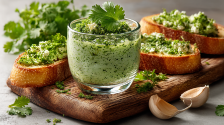 Ein kleines Glas mit Koriander-Hüttenkäse-Pesto, das auf einem Holzbrett steht. Auf dem Holzbrett liegen außerdem einige Schreiben Baguette, die mit dem Pesto bestrichen sind. Zudem liegen Knoblauchzehen und frischer Koriander verstreut.