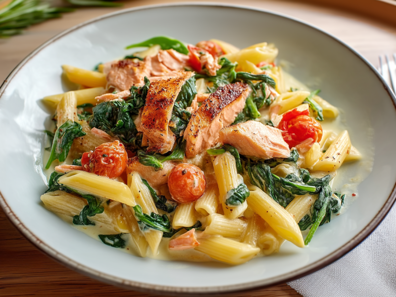 Ein Teller mit Lachs-Penne mit Spinat auf einem Holztisch. Links neben dem Teller liegen noch drei Tomaten. Im Hintergrund links sieht man einen Rosmarin-Zweig. Rechts neben dem Teller liegt eine aufgeschnittene Tomate, eine Gabel sowie noch etwas Rosmarin.
