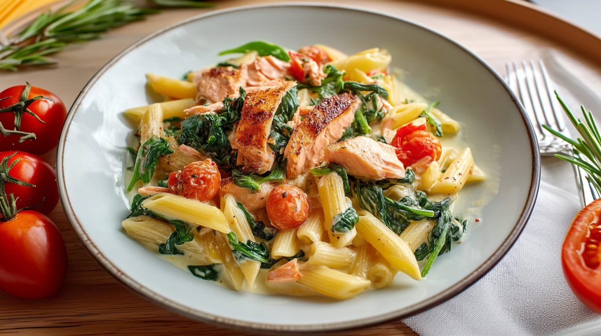 Ein Teller mit Lachs-Penne mit Spinat auf einem Holztisch. Links neben dem Teller liegen noch drei Tomaten. Im Hintergrund links sieht man einen Rosmarin-Zweig. Rechts neben dem Teller liegt eine aufgeschnittene Tomate, eine Gabel sowie noch etwas Rosmarin.