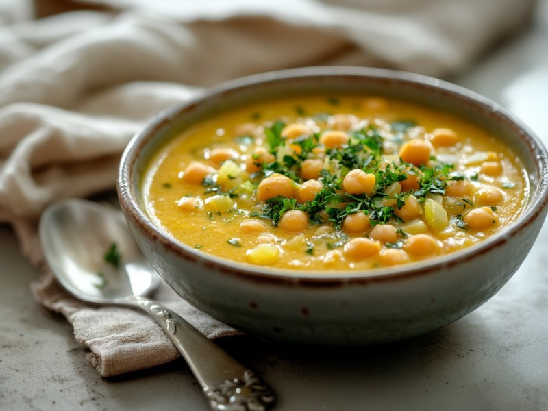 Eine Schüssel Lauch-Curry mit Kichererbsen, bestreut mit Koriander. Daneben ein Löffel und eine Stoffserviette.